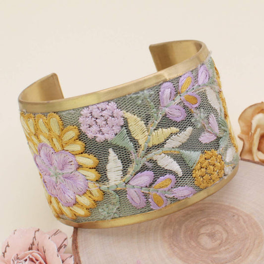 Floral Embroidered Cuff Bracelet  - Lavender & Yellow
