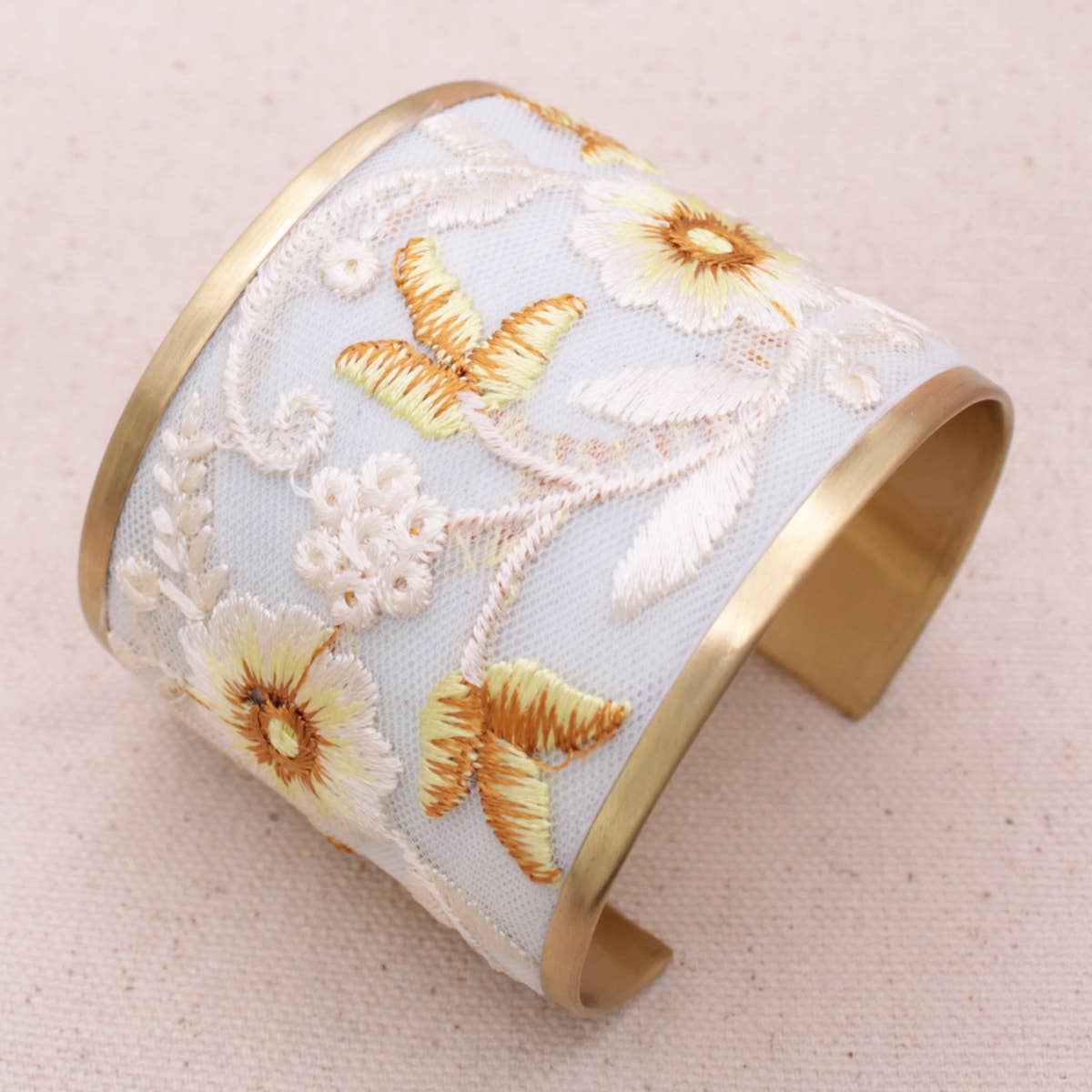 Floral Embroidered Cuff Bracelet - Ivory