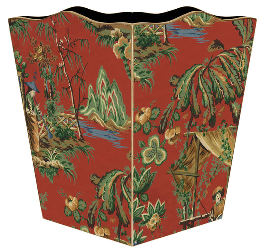 Red Chinoiserie Wood Wastepaper Basket
