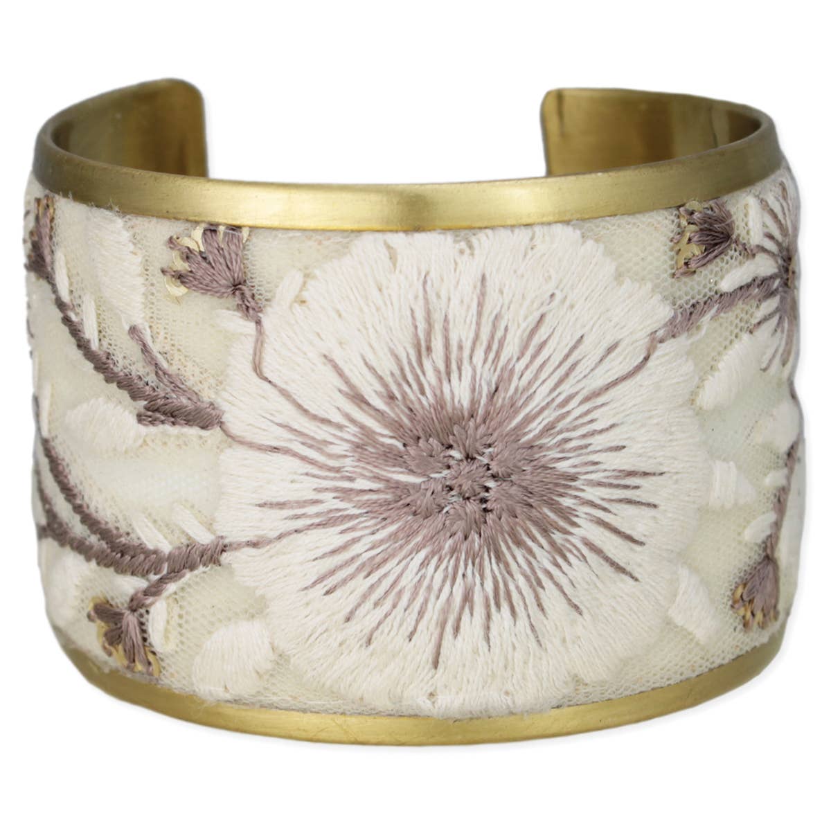 Floral Embroidered Cuff Bracelet - Cream