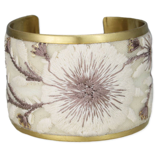 Floral Embroidered Cuff Bracelet - Cream