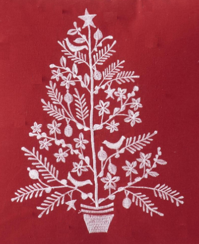 Red Table Runner with Embroidered Christmas Trees