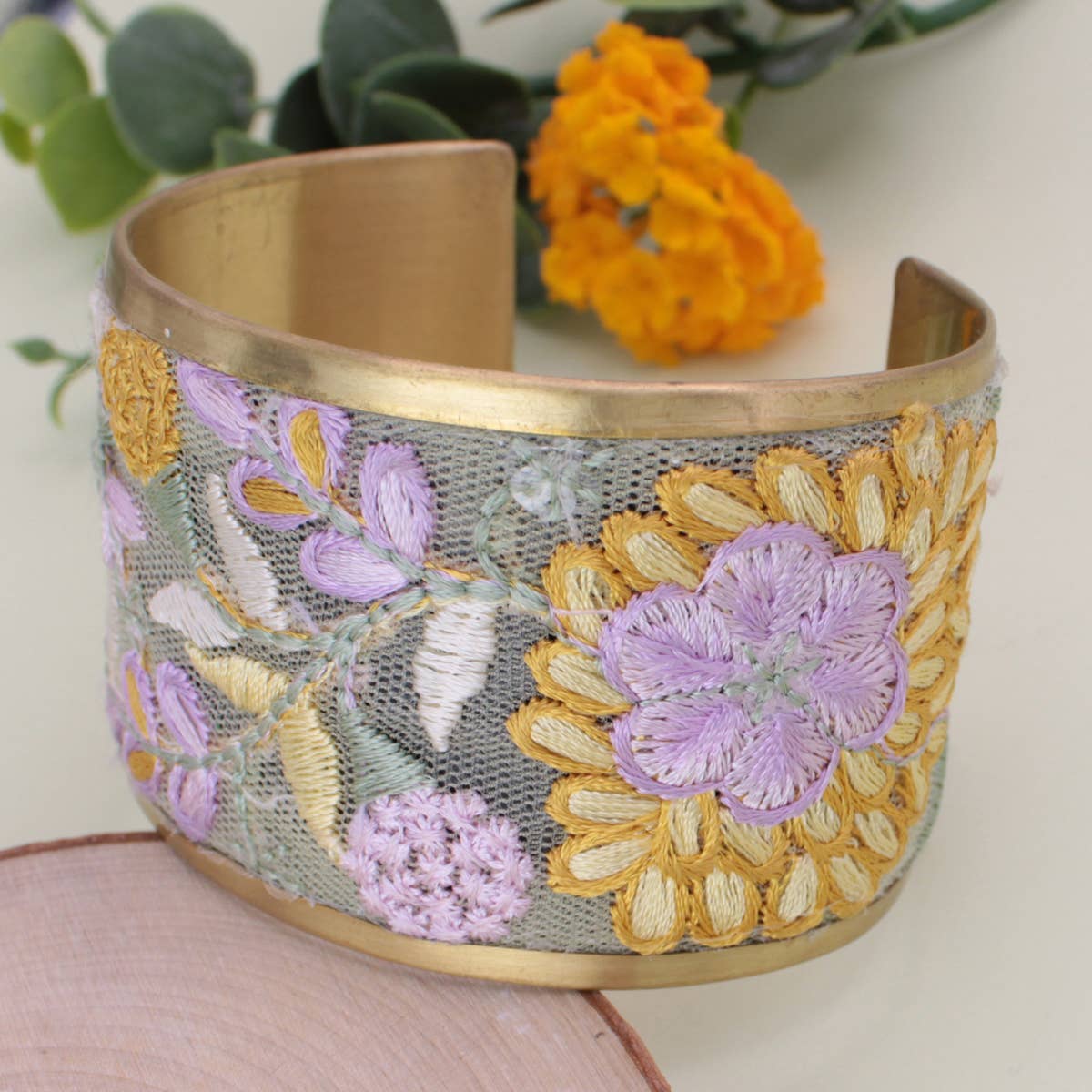 Floral Embroidered Cuff Bracelet  - Lavender & Yellow