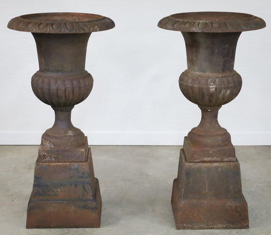Pair of Classical Medici Form Cast Iron Style Urns on Stands