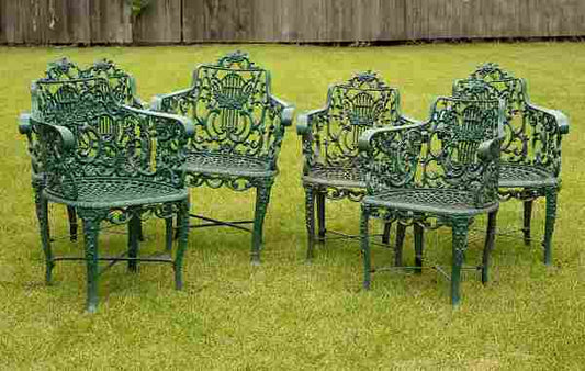 Set of 6 American Painted Cast Iron Garden Chairs with arms