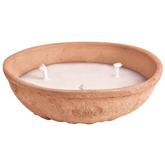 The Aged Terracotta Pot w/3 Wick Candle features a large, round terracotta design with three white wicks. The white wax fills the bowl-shaped holder, and its textured surface adds a rustic charm. It's perfect for enhancing your outdoor space while also keeping bugs away.