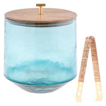 Catalina Ice Bucket with Raffia Tongs Teal