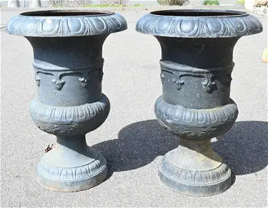 Pair of Iron Urns with Round Bases 35"