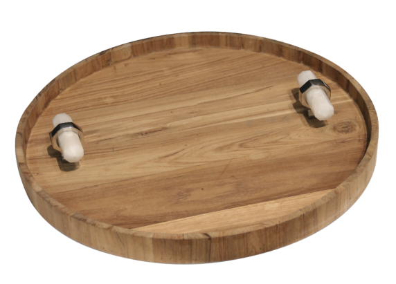 Round Teak Tray with White Quartz Crystal Handle