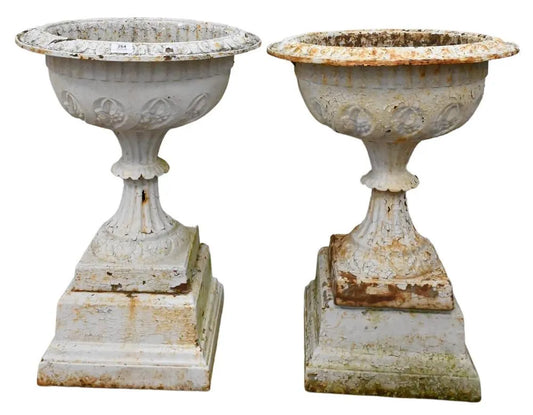 Pair of Victorian Iron Urns with Square Base 28"