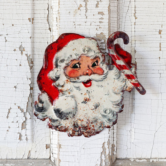 Classic Santa with Candy Cane Metal Tree Sign
