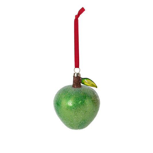 Glass Green Apple Ornament Hanging From Red Ribbon