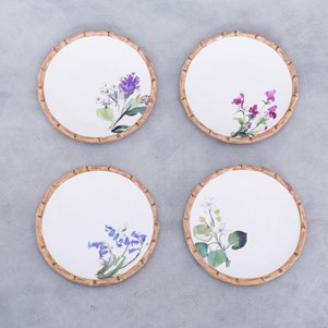 VIDA Bamboo Floral Salad Plates Set of 4 (White and Multi)
